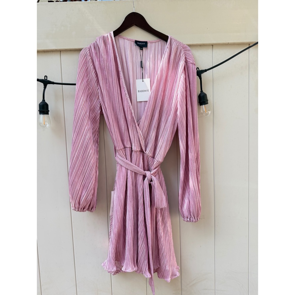 Bardot Pink Pleated Metallic Mini Dress Long Sleeve Wrap Tie Waist NWT Size 8